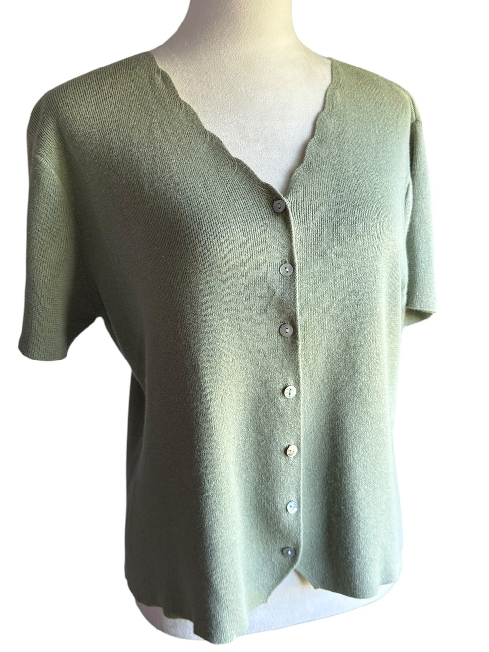 Vintage Paul Harris Designs Scalloped V-Neck Short Sleeve Cardigan - Sage Green